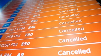 Ronald Reagan National Airport (DCA) in Arlington, Virginia, US, on Monday: Cancelled flights on a departures board during a snow storm. (Photographer: Stefani Reynolds/Bloomberg) Ronald Reagan National Airport (DCA) in Arlington, Virginia, US, on Monday: Cancelled flights on a departures board during a snow storm. (Photographer: Stefani Reynolds/Bloomberg)