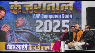 Delhi chief minister Atishi, AAP leaders Arvind Kejriwal, Manish Sisodia and Gopal Rai at the launch of the song. (PTI) Delhi chief minister Atishi, AAP leaders Arvind Kejriwal, Manish Sisodia and Gopal Rai at the launch of the song. (PTI)