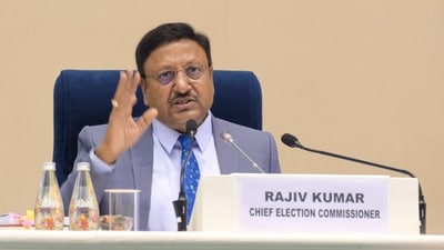 Chief Election Commissioner Rajiv Kumar during the press conference to announce the schedule of 2025 Delhi assembly polls. (Raj K Raj / Hindustan Times)