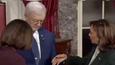 Bruce Fischer's refusal to shake hands with VP Kamala Harris during the swearing-in ceremony has sparked online debate (Photo- X) Bruce Fischer's refusal to shake hands with VP Kamala Harris during the swearing-in ceremony has sparked online debate (Photo- X)