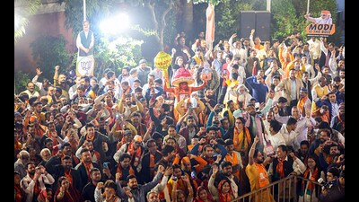 New Delhi, Nov 23 (ANI): Bharatiya Janata Party supporters cheer during the celebration of the party's victory in the Maharashtra Assembly election, at party headquarters in New Delhi on Saturday. (ANI Photo) (Modi website) New Delhi, Nov 23 (ANI): Bharatiya Janata Party supporters cheer during the celebration of the party's victory in the Maharashtra Assembly election, at party headquarters in New Delhi on Saturday. (ANI Photo) (Modi website)