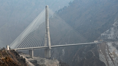 Anji Khad bridge, India's first cable-stayed railway bridge, in Reasi district, Jammu and Kashmir. (PTI Photo) Anji Khad bridge, India's first cable-stayed railway bridge, in Reasi district, Jammu and Kashmir. (PTI Photo)
