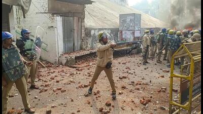 Police try to control the situation amid violence during a second survey of the Jama Masjid, claimed to be originally the site of an ancient Hindu temple, in Sambhal, on November 24, 2024. (PTI Photo) Police try to control the situation amid violence during a second survey of the Jama Masjid, claimed to be originally the site of an ancient Hindu temple, in Sambhal, on November 24, 2024. (PTI Photo)