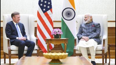 Prime Minister Narendra Modi with Jake Sullivan in New Delhi on Monday. (PTI) Prime Minister Narendra Modi with Jake Sullivan in New Delhi on Monday. (PTI)