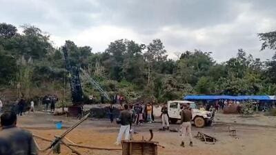 Rescue operation underway to pull out labourers trapped inside a coal mine in Dima Hasao, Assam on Tuesday. (PTI Photo)