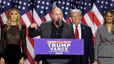 CEO of the Ultimate Fighting Championship (UFC) Dana White speaks during an election night event for Republican presidential nominee, former U.S. President Donald Trump at the Palm Beach Convention Center on November 06, 2024 in West Palm Beach, Florida. (Win McNamee/Getty Images via AFP) CEO of the Ultimate Fighting Championship (UFC) Dana White speaks during an election night event for Republican presidential nominee, former U.S. President Donald Trump at the Palm Beach Convention Center on November 06, 2024 in West Palm Beach, Florida. (Win McNamee/Getty Images via AFP)