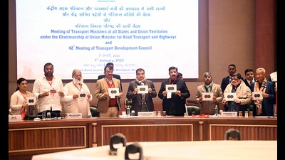 Union minister of roads, transport and highways Nitin Gadkari, Haryana minister Anil Vij and others during a meeting of at Bharat Mandapam in New Delhi on Tuesday. (ANI)