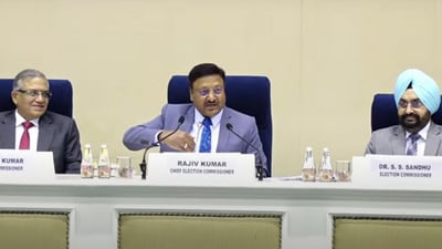 CEC Rajiv Kumar noted that the voter turnout app does not have the postal ballots. (YouTube/ECI) CEC Rajiv Kumar noted that the voter turnout app does not have the postal ballots. (YouTube/ECI)