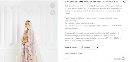 Hania Aamir saree comes with a price tag of ₹3,95,000. (manishmalhotra.in) Hania Aamir saree comes with a price tag of ₹3,95,000. (manishmalhotra.in)