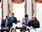 Defence Minister Rajnath Singh interacts with Maldives Defence Minister Mohammed Ghassan Maumoon, at Manekshaw Centre in New Delhi on Wednesday. Defence Minister Rajnath Singh interacts with Maldives Defence Minister Mohammed Ghassan Maumoon, at Manekshaw Centre in New Delhi on Wednesday.