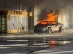 Flames rise from a Tesla Cybertruck after it exploded outside the Trump International Hotel Las Vegas, in Las Vegas, Nevada, U.S., January 1, 2025 in this screengrab taken from a social media video. 