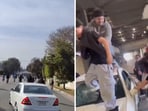 The terrifying clip shows the white car zipping past cyclists and dodging them while speeding away.
