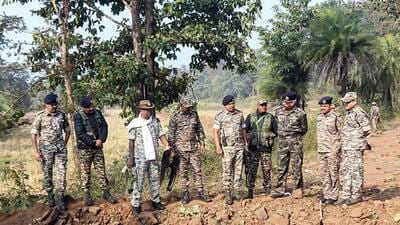 DGP Ashok Juneja, ADGP Vivekanand, IG CRPF Rakesh Agarwal, IG Bastar Sundarraj, and other senior officials during their visit to the site where an IED blast occurred on the security force's vehicle, in Bijapur on Monday. (ANI)