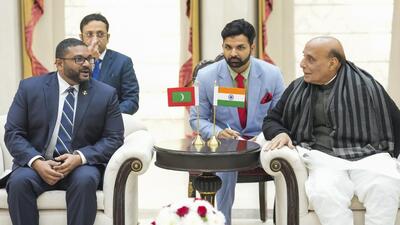Defence minister Rajnath Singh (right) during a meeting with his Maldivian counterpart Mohamed Ghassan Maumoon, in New Delhi, on Wednesday. (PTI) Defence minister Rajnath Singh (right) during a meeting with his Maldivian counterpart Mohamed Ghassan Maumoon, in New Delhi, on Wednesday. (PTI)