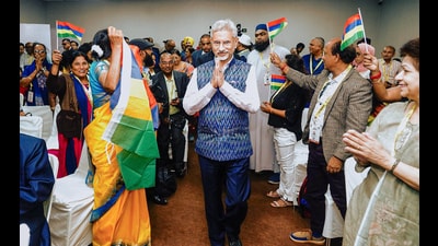 External Affairs Minister S Jaishankar being welcomed by a delegation from Mauritius on the sidelines of the 18th Youth Pravasi Bharatiya Divas, in Bhubaneswar. (ANI PHOTO) External Affairs Minister S Jaishankar being welcomed by a delegation from Mauritius on the sidelines of the 18th Youth Pravasi Bharatiya Divas, in Bhubaneswar. (ANI PHOTO)