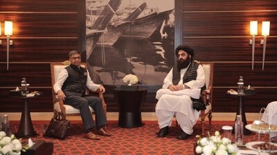 Foreign secretary Vikram Misri meets the Taliban’s acting foreign minister Amir Khan Muttaqi in Dubai on Wednesday. (Image posted on X by @MEAIndia)