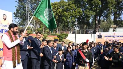 Haryana CM Nayab Singh Saini flagging off the state contingent for the National Youth Festival, in Chandigarh on Wednesday. (HT Photo) Haryana CM Nayab Singh Saini flagging off the state contingent for the National Youth Festival, in Chandigarh on Wednesday. (HT Photo)