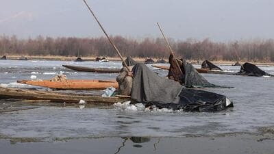 Locals during ‘Tchay-e-gard Shikar’ , a traditional form of fishing specifically associated with Anchar Lake of Srinagar. In this technique, also known as ‘shadow fishing’, fishermen, on wooden boats equipped with harpoons and covered with blankets, create the shadow effect to attract fish. (Waseem Andrabi /HT) Locals during ‘Tchay-e-gard Shikar’ , a traditional form of fishing specifically associated with Anchar Lake of Srinagar. In this technique, also known as ‘shadow fishing’, fishermen, on wooden boats equipped with harpoons and covered with blankets, create the shadow effect to attract fish. (Waseem Andrabi /HT)