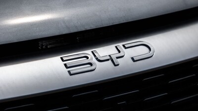 The BYD Co. badge as seen on one of their electric vehicles (EVs) (Bloomberg)