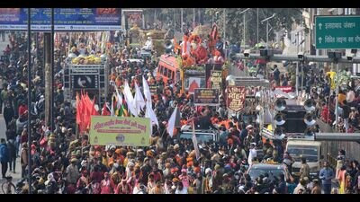 Seers of three Vaishnav Akhadas taking part in Chhavni Pravesh procession on Wednesday. (Anil Kumar Maurya/HT)
