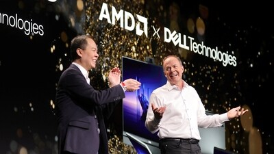 Jack Huynh, senior vice president and general manager of Computing and Graphics Group for AMD, and Sam Burd, president of the Client Solutions Group at Dell Technologies, announce a partnership between AMD and Dell during an AMD news conference at CES 2025, an annual consumer electronics trade show, in Las Vegas, Nevada, U.S. January 6, 2025. (Steve Marcus/Reuters)