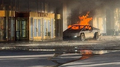 Flames rise from a Tesla Cybertruck after it exploded outside the Trump International Hotel Las Vegas, in Las Vegas, Nevada, U.S., January 1, 2025 in this screengrab taken from a social media video. (Alcides Antunes/Reuters)