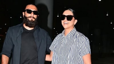 Deepika Padukone and Ranveer Singh coordinate oversized outfits in contrasting colour palettes. (PC: Instagram/@yogenshah) Deepika Padukone and Ranveer Singh coordinate oversized outfits in contrasting colour palettes. (PC: Instagram/@yogenshah)