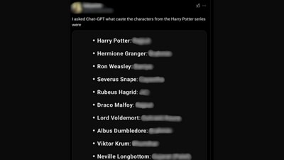 The user shared a screenshot from the chatbot, adding that he asked Chat-GPT the caste of characters from the Harry Potter series. (X) The user shared a screenshot from the chatbot, adding that he asked Chat-GPT the caste of characters from the Harry Potter series. (X)