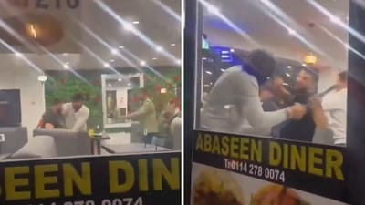 The video shows a violent confrontation inside the Abaseen Diner in Sheffield. (X/@Partisan_12) The video shows a violent confrontation inside the Abaseen Diner in Sheffield. (X/@Partisan_12)