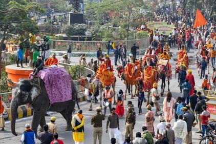 Sadhus of Digambar, Nirvani, and Nirmohi akharas participate in 'Chavni Pravesh' on elephants, camels, and horses on their way to Prayagraj. (PTI) Sadhus of Digambar, Nirvani, and Nirmohi akharas participate in 'Chavni Pravesh' on elephants, camels, and horses on their way to Prayagraj. (PTI)