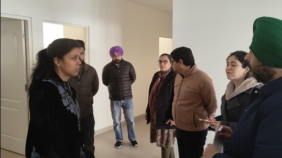 Deputy commissioner Aashika Jain during her visit to Purab Premium Apartments in Sector 88, Mohali, on Wednesday. (HT Photo)