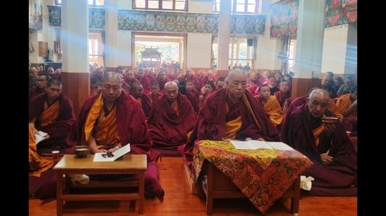 On Wednesday, the Tibetan residents and sympathisers in Dharamshala gathered at the Tsuglakhang temple to observe a prayer service to express their support and solidarity for the tragic loss of over a hundred lives and the many others who were injured in Tibet due to the earthquake on Tuesday. (HT Photo)