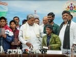 Sx reformed Naxalites surrender in the presence of Karnataka Chief Minister Siddaramaiah and Deputy CM DK Shivakumar, at CM’s residential office in Bengaluru on Wednesday. Sx reformed Naxalites surrender in the presence of Karnataka Chief Minister Siddaramaiah and Deputy CM DK Shivakumar, at CM’s residential office in Bengaluru on Wednesday.