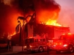 A building fully engulfed in flames in a wildfire in Altadena area of Los Angeles county, California on January 8.(AFP)