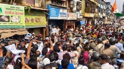 Hundreds of residents from the shanties of Bharat Nagar in Bandra Kurla Complex took to the streets on Thursday morning (Raju Shinde) Hundreds of residents from the shanties of Bharat Nagar in Bandra Kurla Complex took to the streets on Thursday morning (Raju Shinde)
