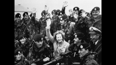 ‘Y’ company of the 1st Battalion the Royal Hampshire Regiment ‘The Tigers’ surround Prime Minister Margaret Thatcher and Chief of Naval Staff Admiral Sir John Fieldhouse at Goose Green, East Falkland (PA Archive) ‘Y’ company of the 1st Battalion the Royal Hampshire Regiment ‘The Tigers’ surround Prime Minister Margaret Thatcher and Chief of Naval Staff Admiral Sir John Fieldhouse at Goose Green, East Falkland (PA Archive)