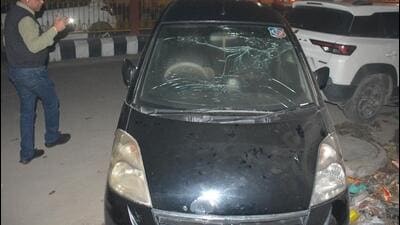 A view of the car, of which the radiator went off, outside the Gumtala police chowki in Amritsar on Thursday. (Sameer Sehgal /HT)