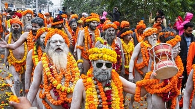 Sadhus from the three main Vaishnav akharas participate in the "Chavni Pravesh" procession, which marks their arrival at Maha Kumbh. Sadhus sit atop camels, horses, and even elephants throughout the parade, which is a remarkable sight. (ANI) Sadhus from the three main Vaishnav akharas participate in the "Chavni Pravesh" procession, which marks their arrival at Maha Kumbh. Sadhus sit atop camels, horses, and even elephants throughout the parade, which is a remarkable sight. (ANI)