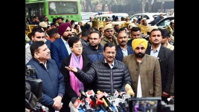 Aam Aadmi Party (AAP) national convener Arvind Kejriwal with Delhi CM Atishi, Punjab CM Bhagwant Mann and party leader Sanjay Singh speak to the media after the meeting with Election Commission of India ahead of the Delhi Assembly Elections at Nirvachan Sadan in New Delhi on Thursday. (ANI) Aam Aadmi Party (AAP) national convener Arvind Kejriwal with Delhi CM Atishi, Punjab CM Bhagwant Mann and party leader Sanjay Singh speak to the media after the meeting with Election Commission of India ahead of the Delhi Assembly Elections at Nirvachan Sadan in New Delhi on Thursday. (ANI)