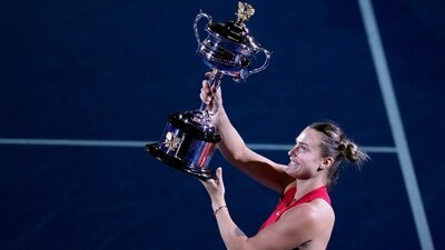 Aryna Sabalenka of Belarus holds the Daphne Akhurst Memorial Cup after defeating Zheng Qinwen of China in the 2024 women's singles final at the Australian Open (AP) Aryna Sabalenka of Belarus holds the Daphne Akhurst Memorial Cup after defeating Zheng Qinwen of China in the 2024 women's singles final at the Australian Open (AP)