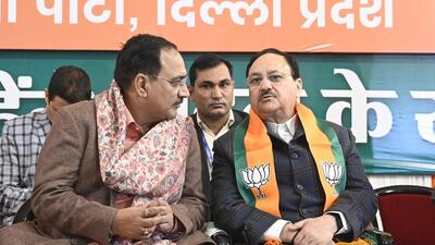 BJP National President JP Nadda with the party’s Delhi chief Virendra Sachdeva at the election committee meeting for the upcoming Delhi Assembly elections, in New Delhi on Thursday. (Sanjeev Verma/HT PHOTO) BJP National President JP Nadda with the party’s Delhi chief Virendra Sachdeva at the election committee meeting for the upcoming Delhi Assembly elections, in New Delhi on Thursday. (Sanjeev Verma/HT PHOTO)