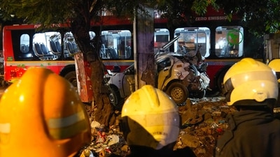 On Thursday morning, passengers on a civic transport service bus narrowly avoided death when it caught fire in the Navi Mumbai district in Maharashtra. (AP/Rafiq Maqbool/representative) On Thursday morning, passengers on a civic transport service bus narrowly avoided death when it caught fire in the Navi Mumbai district in Maharashtra. (AP/Rafiq Maqbool/representative)