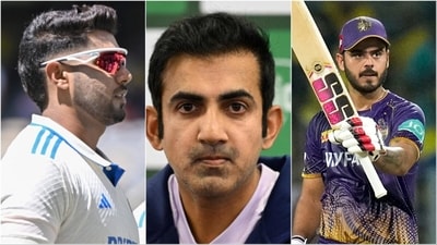 Harshit Rana (L) and Nitish Rana (R) react to Tiwary's criticism of Gautam Gambhir (C) (AP/IPL)