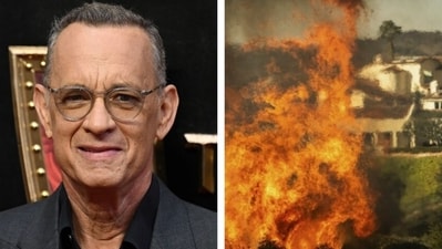 Tom Hanks (L); A home affected by the Los Angeles wildfires (R). Tom Hanks (L); A home affected by the Los Angeles wildfires (R).
