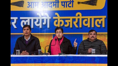 New Delhi, Jan 07 (ANI): Delhi Chief Minister Atishi with Delhi Minister Saurabh Bharadwaj and Aam Aadmi Party (AAP) MP Sanjay Singh addresses a press conference after the announcement of Delhi Assembly Election dates, in New Delhi on Tuesday. (ANI Photo/Amit Sharma) (Amit Sharma) New Delhi, Jan 07 (ANI): Delhi Chief Minister Atishi with Delhi Minister Saurabh Bharadwaj and Aam Aadmi Party (AAP) MP Sanjay Singh addresses a press conference after the announcement of Delhi Assembly Election dates, in New Delhi on Tuesday. (ANI Photo/Amit Sharma) (Amit Sharma)