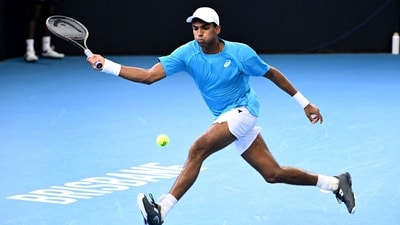 Nishesh Basavareddy of the US hits a return. (AFP) Nishesh Basavareddy of the US hits a return. (AFP)