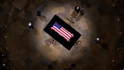 Donald Trump and Melania Trump pay their respects in front of the flag-draped casket of former President Jimmy Carter at the US Capitol Rotunda in Washington, DC. (Andrew Harnik/AFP) Donald Trump and Melania Trump pay their respects in front of the flag-draped casket of former President Jimmy Carter at the US Capitol Rotunda in Washington, DC. (Andrew Harnik/AFP)