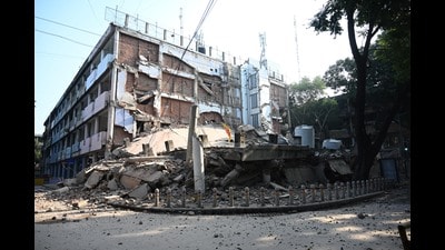 The Mehfil restaurant building, which had already been vacated on December 31 after cracks appeared in three load-bearing pillars during ongoing renovation work, had come down around 7 am on January 6. (HT File) The Mehfil restaurant building, which had already been vacated on December 31 after cracks appeared in three load-bearing pillars during ongoing renovation work, had come down around 7 am on January 6. (HT File)