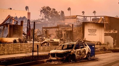 A Berkshire Hathaway office is left in smouldering ashes during the Palisade fire in the Palisade village area Pacific Palisades, a neighbourhood of Los Angeles, California, January 8, 2025. (AFP) A Berkshire Hathaway office is left in smouldering ashes during the Palisade fire in the Palisade village area Pacific Palisades, a neighbourhood of Los Angeles, California, January 8, 2025. (AFP)