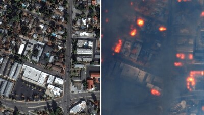 Satellite images show homes burning on East Altadena Drive in Altadena, California (Maxar/ X) Satellite images show homes burning on East Altadena Drive in Altadena, California (Maxar/ X)